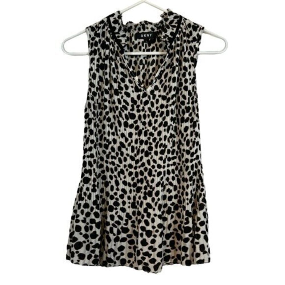 DKNY White Leopard Sleeveless V-Neck Pleated Blouse Size Small EUC #2553